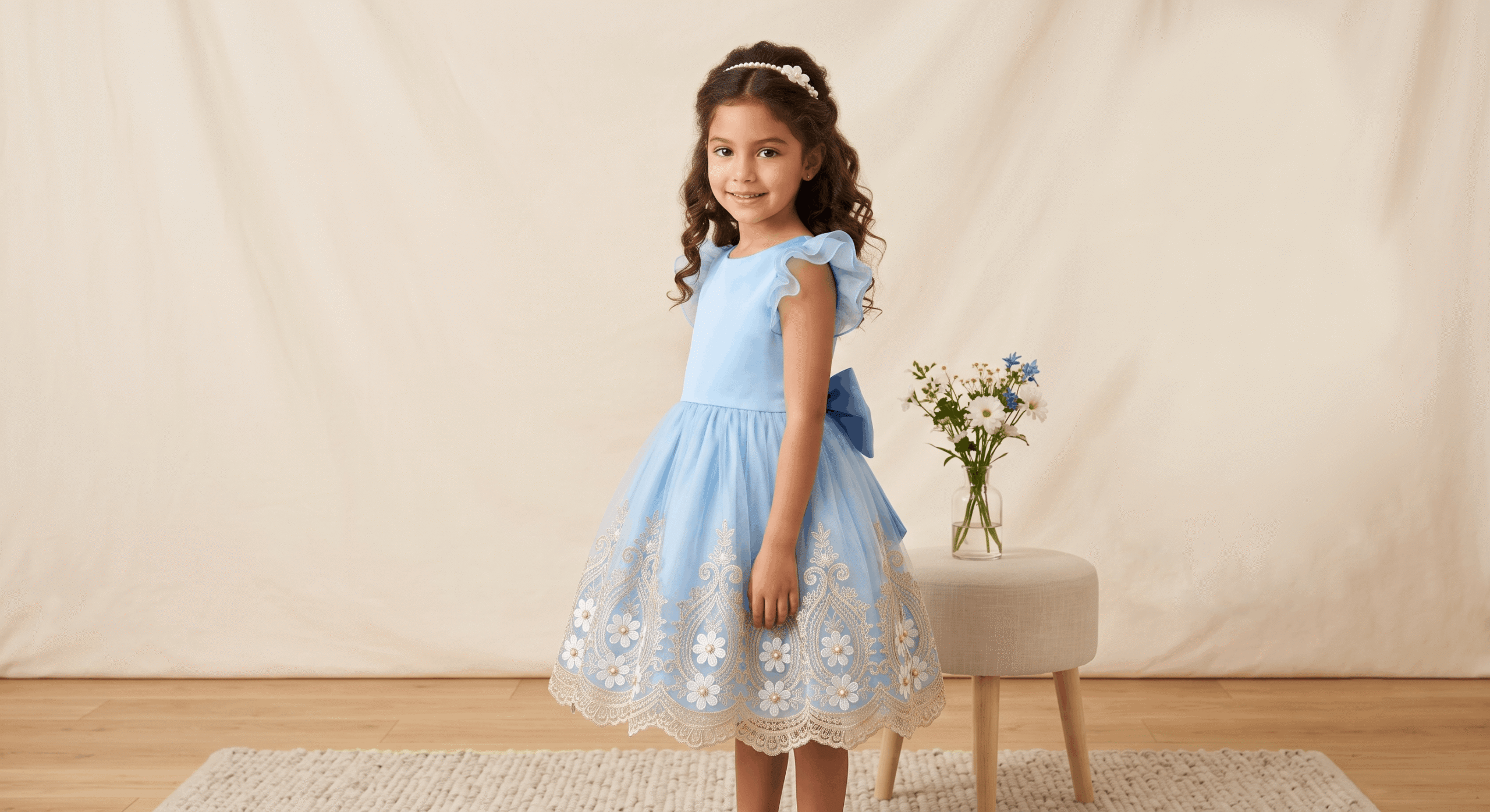 Vestido Celeste, bordado floral sobre tul