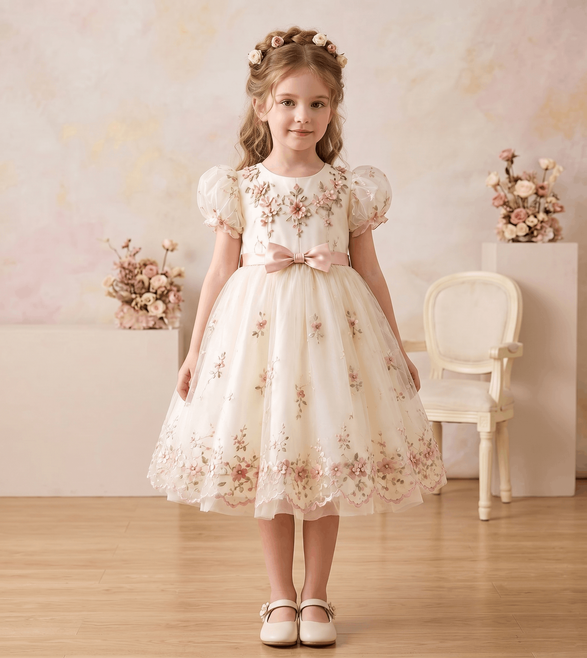 Vestido Magnolia, bordado floral sobre tul