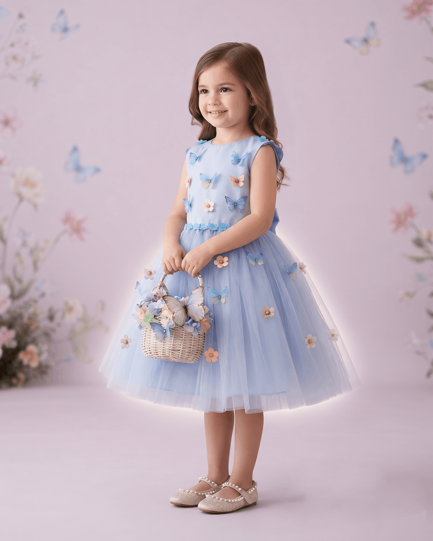 Vestido Mariposa Celeste, bordado floral sobre tul